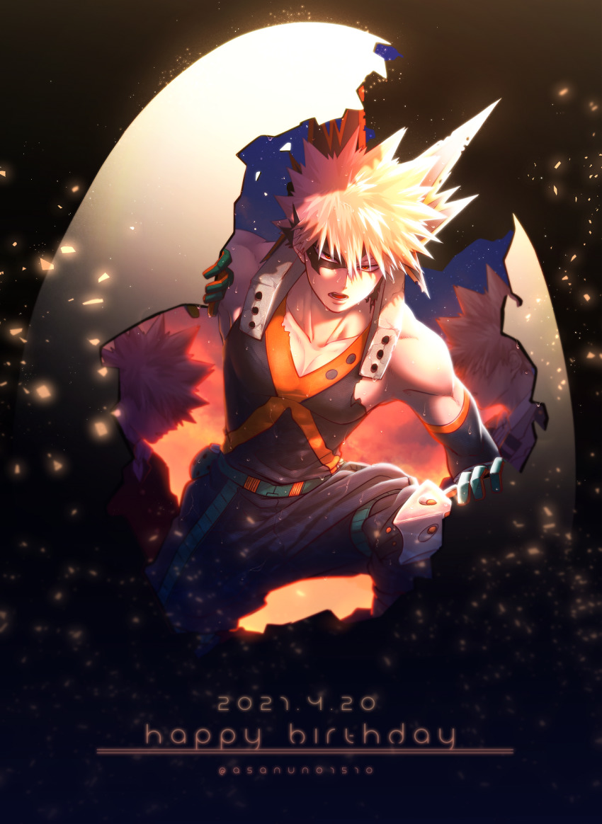 1boy, artist_name, asanuno1510, bakugou_katsuki, bara, black_pants, blonde_hair, boku_no_hero_academia