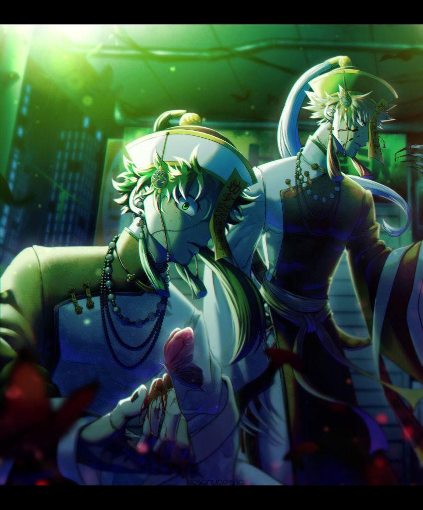 2boys, artist_name, asanuno1510, bakugou_katsuki, black_border, blood, blood_on_face, blood_on_hands