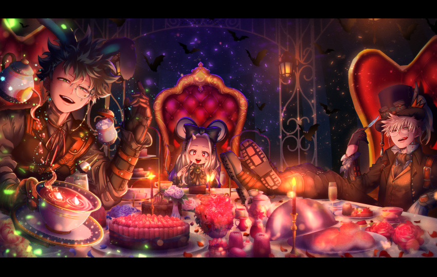 1girl, 2boys, alice's_adventures_in_wonderland, animal_ears, asanuno1510, bakugou_katsuki, bat_(animal), black_border