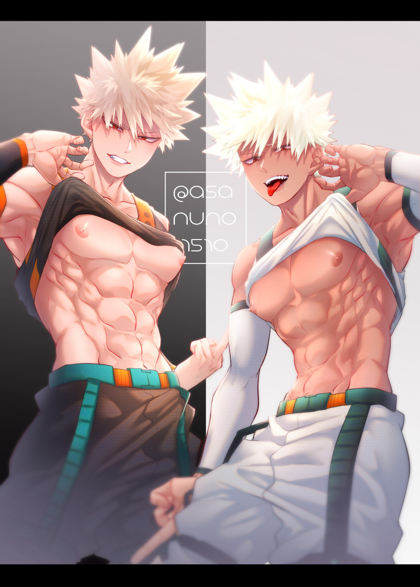 1boy, abs, absurdres, armpits, asanuno1510, bakugou_katsuki, bara, bare_pectorals, black_border, black_pants, black_tank_top, blonde_hair, boku_no_hero_academia, border, clothes_lift, highres, large_pectorals, lifting_own_clothes, looking_at_viewer, multiple_persona, muscular, muscular_male, navel, nipples, pants, pectorals, red_eyes, short_hair, smile, spiked_hair, tank_top, teeth, tongue, tongue_out, twitter_username, white_hair, white_pants, white_tank_top