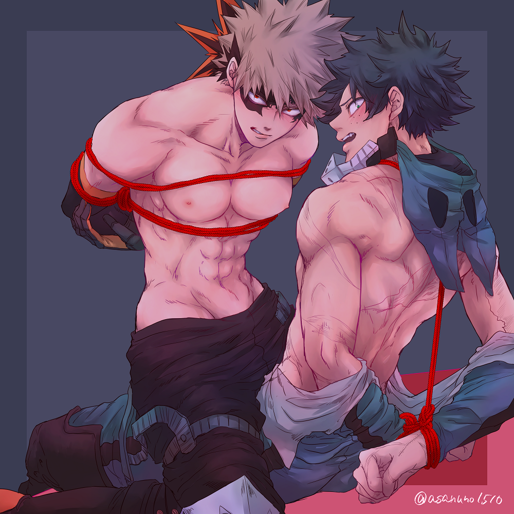 2boys, abs, arms_behind_back, artist_name, asanuno1510, bakugou_katsuki, bara, black_pants, blonde_hair, blush, boku_no_hero_academia, bound, bound_arms, bound_wrists, domino_mask, eye_mask, gloves, green_gloves, green_pants, large_pectorals, looking_at_viewer, male_focus, mask, midoriya_izuku, multiple_boys, muscular, muscular_male, navel, nipples, on_person, open_mouth, orange_gloves, pants, pectorals, red_rope, rope, shibari, short_hair, sitting, sitting_on_person, spiked_hair, topless_male, torn_clothes, torn_mask, twitter_username, two-tone_gloves, unworn_mask, yaoi