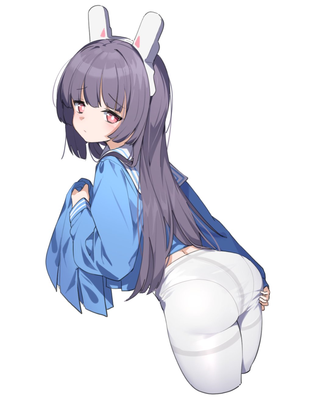 1girl, animal_ears, ass, black_hair, blue_archive, blunt_bangs, bright_pupils, cropped_legs, deatheach, female_focus, hand_on_own_ass, highres, holding, holding_unworn_clothes, holding_unworn_skirt, long_hair, looking_back, mechanical_ears, miyu_(blue_archive), pantyhose, rabbit_ears, red_eyes, school_uniform, simple_background, skirt, solo, unworn_skirt, white_background, white_pantyhose, white_pupils