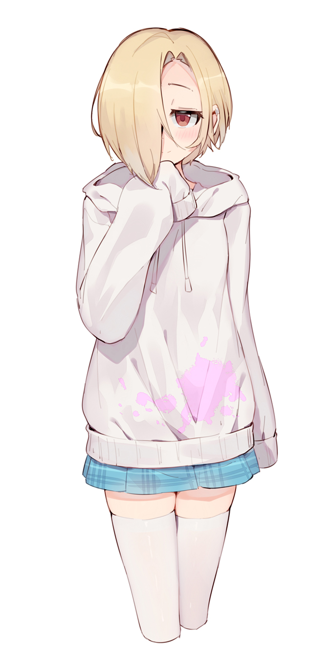 1girl, arm_at_side, blue_skirt, brown_eyes, child, cropped_legs, drawstring, earclip