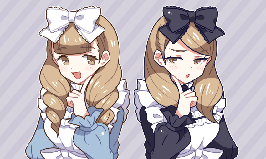 asymmetrical_bangs, blonde_hair, bow, brown_eyes, dadada_(dadadanoda), drill_hair, grey_background, hair_bow