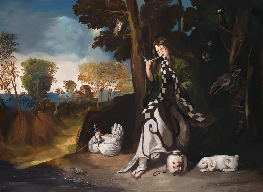 1girl, amibazh, bug, butterfly, day, doremy_sweet, doremy_sweet_(baku), dress, eternity_larva, faux_traditional_media, fine_art_parody, forest, futatsuiwa_mamizou, geta, glasses, greek_mythology, green_kimono, inaba_tewi, inaba_tewi_(bunny), insect, japanese_clothes, jar, kawashiro_nitori, kawashiro_nitori_(turtle), kimono, kirisame_marisa, kirisame_marisa_(crow), kiseru, leaf, leaf_on_head, lips, long_dress, mononobe_no_futo, mononobe_no_futo_(chicken), mystia_lorelei, mystia_lorelei_(bird), nature, outdoors, parody, pince-nez, reisen_udongein_inaba, reisen_udongein_inaba_(bunny), scarf, sitting, smoking, smoking_pipe, soil, solo, stream, tabi, tapir, texture, tobacco, touhou, toyosatomimi_no_miko, toyosatomimi_no_miko_(owl), tree, yorigami_jo'on, yorigami_jo'on_(moth), yorigami_shion, yorigami_shion_(butterfly)