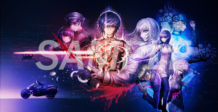 4girls, 5boys, akudama_drive, arms_up, backpack, bag, black_hair, blood, breasts, brother_(akudama_drive), courier_(akudama_drive), cutthroat_(akudama_drive), dark_background, disciple_(akudama_drive), doctor_(akudama_drive), driving, drone, full_body, glasses, gloves, green_eyes, hacker_(akudama_drive), hand_up, hat, highres, hoodlum_(akudama_drive), hug, knife, komatsuzaki_rui, long_hair, master_(akudama_drive), motor_vehicle, multiple_boys, multiple_girls, neon_lights, non-web_source, official_art, pink_hair, promotional_art, purple_eyes, purple_hair, red_eyes, sample_watermark, short_hair, sister_(akudama_drive), stone_wall, swindler_(akudama_drive), thighhighs, wall, watermark, white_hair