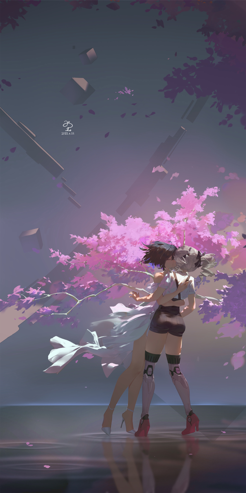 2girls, absurdres, black_bow, black_hair, black_shorts, blonde_hair, bow, bronya_zaychik