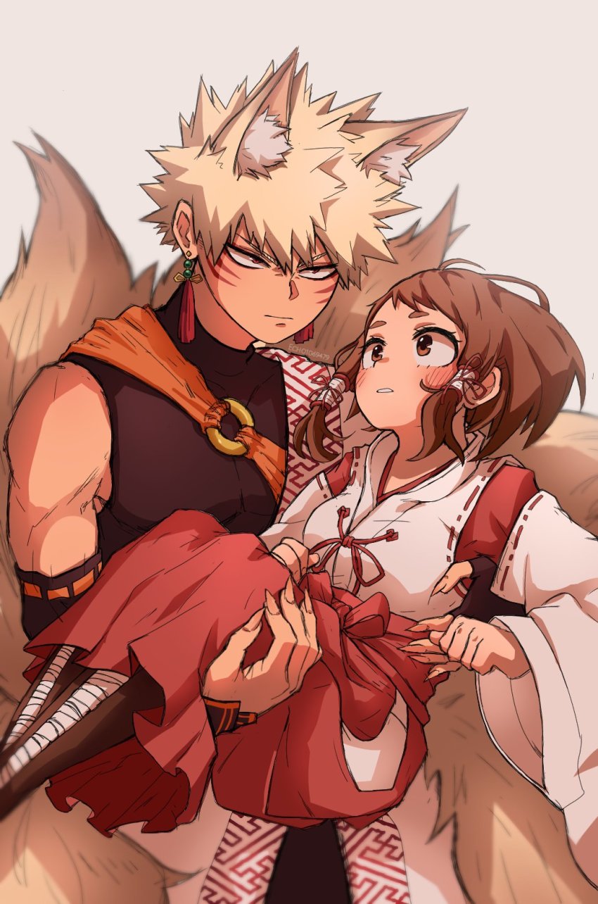 1boy, 1girl, animal_ears, bakugou_katsuki, blonde_hair, blush, boku_no_hero_academia, brown_eyes, brown_hair, carrying, carrying_person, earrings, echo1069479, facial_mark, fingernails, fox_boy, fox_ears, fox_tail, grey_background, hetero, highres, jewelry, looking_at_another, multiple_tails, red_eyes, sharp_fingernails, short_hair, sidelocks, spiked_hair, tail, tassel, tassel_earrings, uraraka_ochako