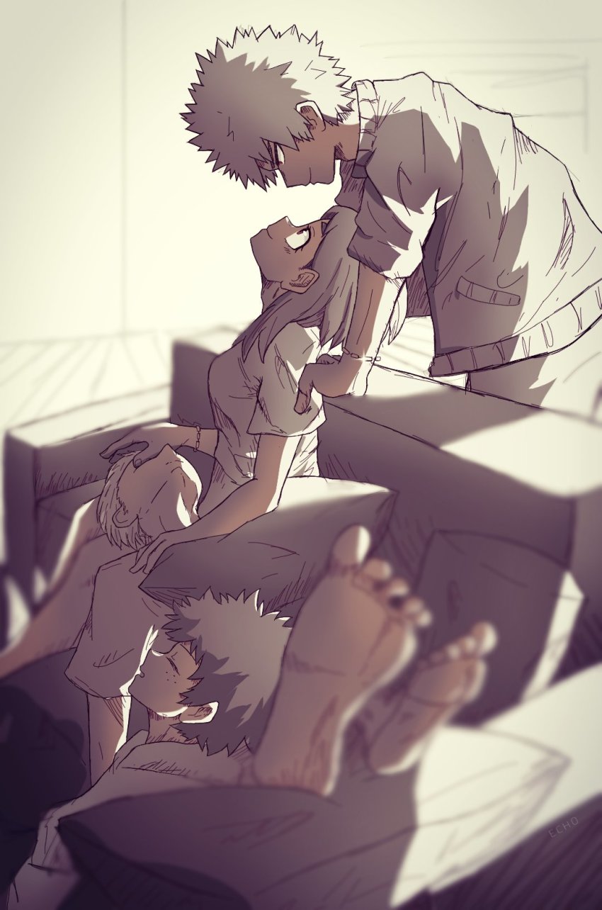 1girl, 3boys, bakugou_katsuki, barefoot, blurry, blurry_foreground, boku_no_hero_academia, bracelet