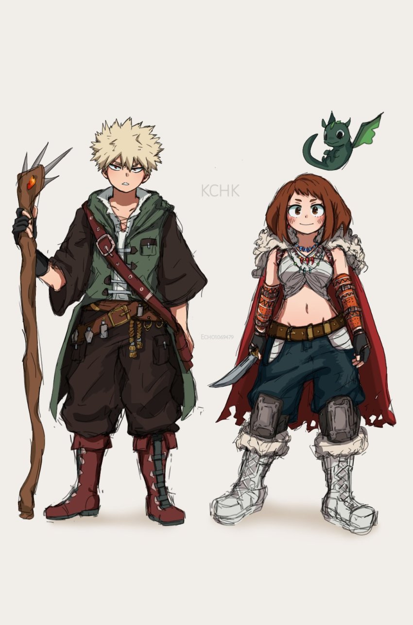 1boy, 1girl, artist_name, bakugou_katsuki, belt, black_gloves, blonde_hair, boku_no_hero_academia, boots, brown_belt, brown_eyes, brown_footwear, brown_hair, dragon, echo1069479, fingerless_gloves, full_body, gloves, highres, holding, holding_knife, holding_staff, jewelry, knee_pads, knife, looking_at_viewer, midriff, multiple_necklaces, navel, necklace, short_hair, simple_background, sketch, staff, standing, uraraka_ochako, white_background, white_footwear