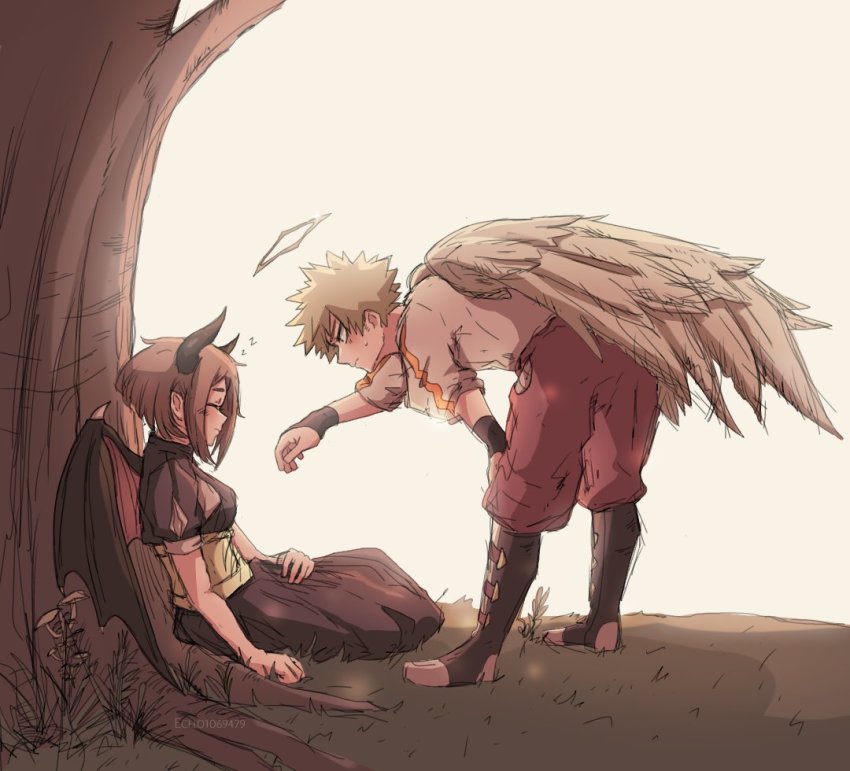1boy, 1girl, angel_wings, artist_name, bakugou_katsuki, bent_over, blonde_hair, boku_no_hero_academia