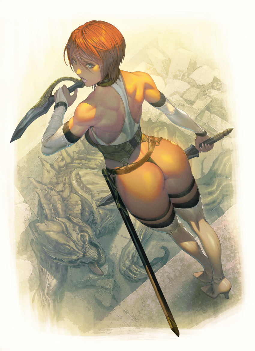 1girl, ass, asymmetrical_dual_wielding, bare_shoulders, belt, blue_eyes, boots, bridal_gauntlets