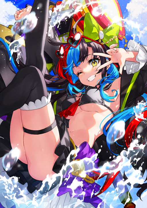 1girl, ;d, armpit_peek, armpits, arms_up, ascot, ass, bare_shoulders, between_breasts, bikini, bikini_top_only, black_bikini, black_coat, black_hair, black_skirt, black_thighhighs, blue_hair, bow, breasts, coat, eyewear_on_head, fate/grand_order, fate_(series), grin, hair_bow, heart, heart-shaped_eyewear, legs_up, long_sleeves, mallet, medium_breasts, mika_pikazo, miniskirt, multicolored_hair, navel, off_shoulder, official_art, one_eye_closed, open_clothes, open_coat, open_mouth, pleated_skirt, purple_bow, red-framed_eyewear, red_ascot, red_hair, revealing_clothes, sailor_collar, sei_shounagon_(fate), sei_shounagon_(swimsuit_berserker)_(third_ascension)_(fate), sidelocks, skindentation, skirt, smile, solo, stomach, string_bikini, sunglasses, swimsuit, thigh_strap, thighhighs, thighs, two-tone_hair, w, water, wet, yellow_eyes
