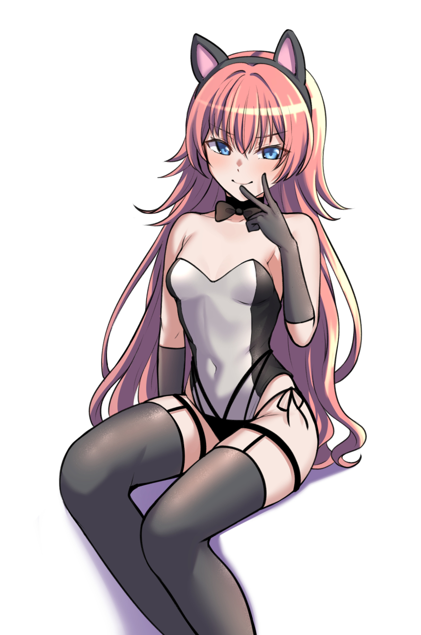 1girl, animal_ears, arm_at_side, bang_dream!, bang_dream!_girls_band_party!, bare_shoulders, black_bow, black_bowtie, black_gloves, black_hairband, black_leotard, black_panties, black_thighhighs, blue_eyes, bow, bowtie, breasts, cat_ears, closed_mouth, collarbone, commentary_request, elbow_gloves, fake_animal_ears, feet_out_of_frame, gloves, hair_between_eyes, hairband, hand_to_own_mouth, hand_up, highres, invisible_chair, kittysuit, korean_commentary, legwear_garter, leotard, light_blush, long_hair, looking_at_viewer, multi-strapped_panties, multicolored_leotard, nontraditional_playboy_bunny, panties, panties_over_clothes, ptal, red_hair, shadow, side-tie_panties, simple_background, sitting, small_breasts, smile, solo, strapless, strapless_leotard, string_panties, tamade_chiyu, thighhighs, two-tone_leotard, underwear, v, v-shaped_eyebrows, very_long_hair, wavy_hair, white_background, white_leotard
