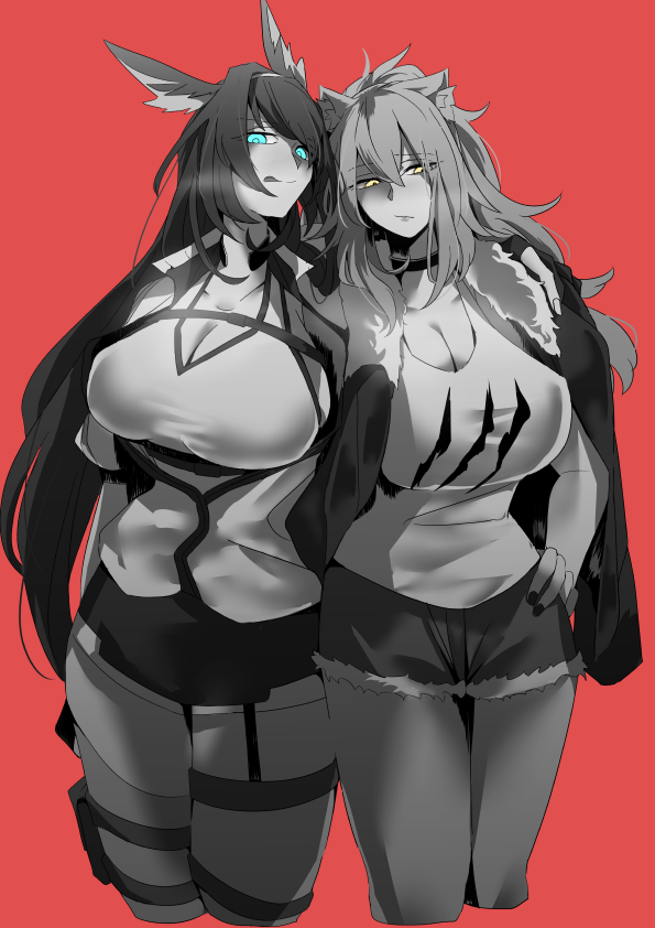 animal_ears, arknights, black_hair, blaze_(arknights), breasts, cat_ears, cat_girl, collar, hairband, hisaki_(morenabe), jacket, large_breasts, lion_ears, lion_girl, looking_at_viewer, pantyhose, red_hairband, shirt, shorts, siege_(arknights), sleeveless, sleeveless_shirt, thigh_strap, yellow_eyes