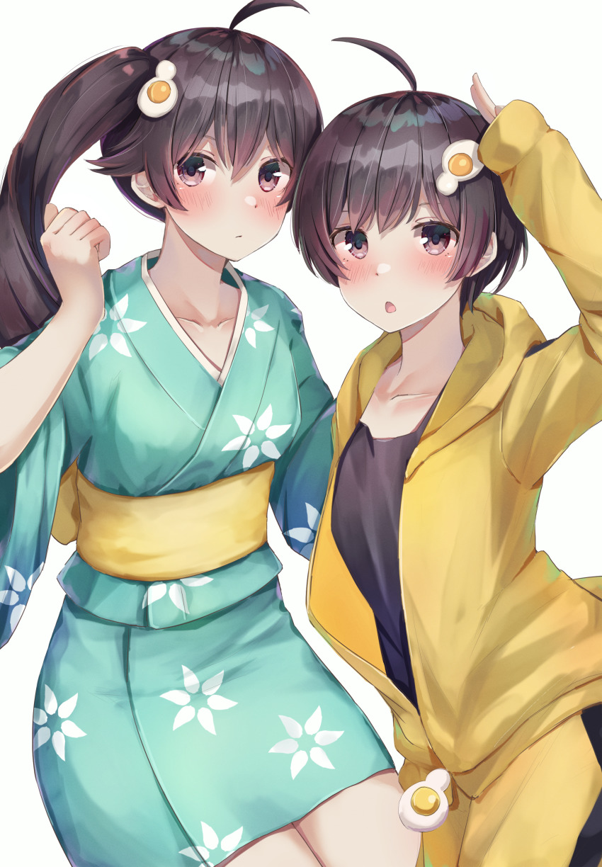 2girls, :<, absurdres, ahoge, alternate_costume, araragi_karen, araragi_karen_(cosplay), araragi_tsukihi