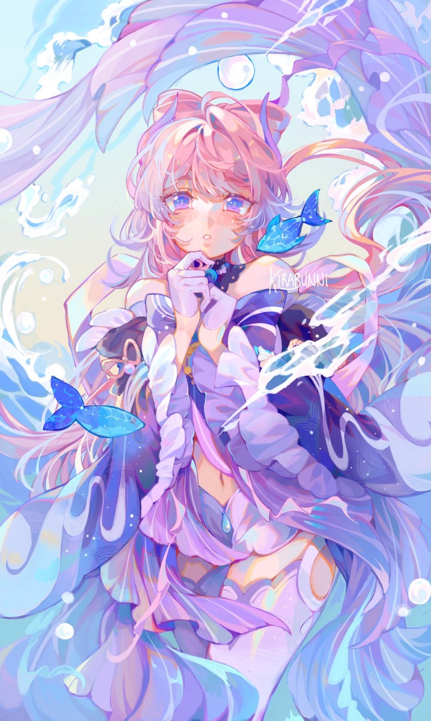 1girl, artist_name, blue_eyes, blush, bow, bow-shaped_hair, clothing_cutout, commentary