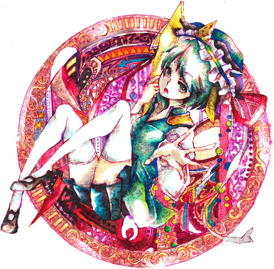 1girl, bad_id, bad_pixiv_id, circle, female_focus, hari_nezumi, harinezumixxx, hat, legs_up, rod_of_remorse, shiki_eiki, skirt, solo, thighhighs, touhou