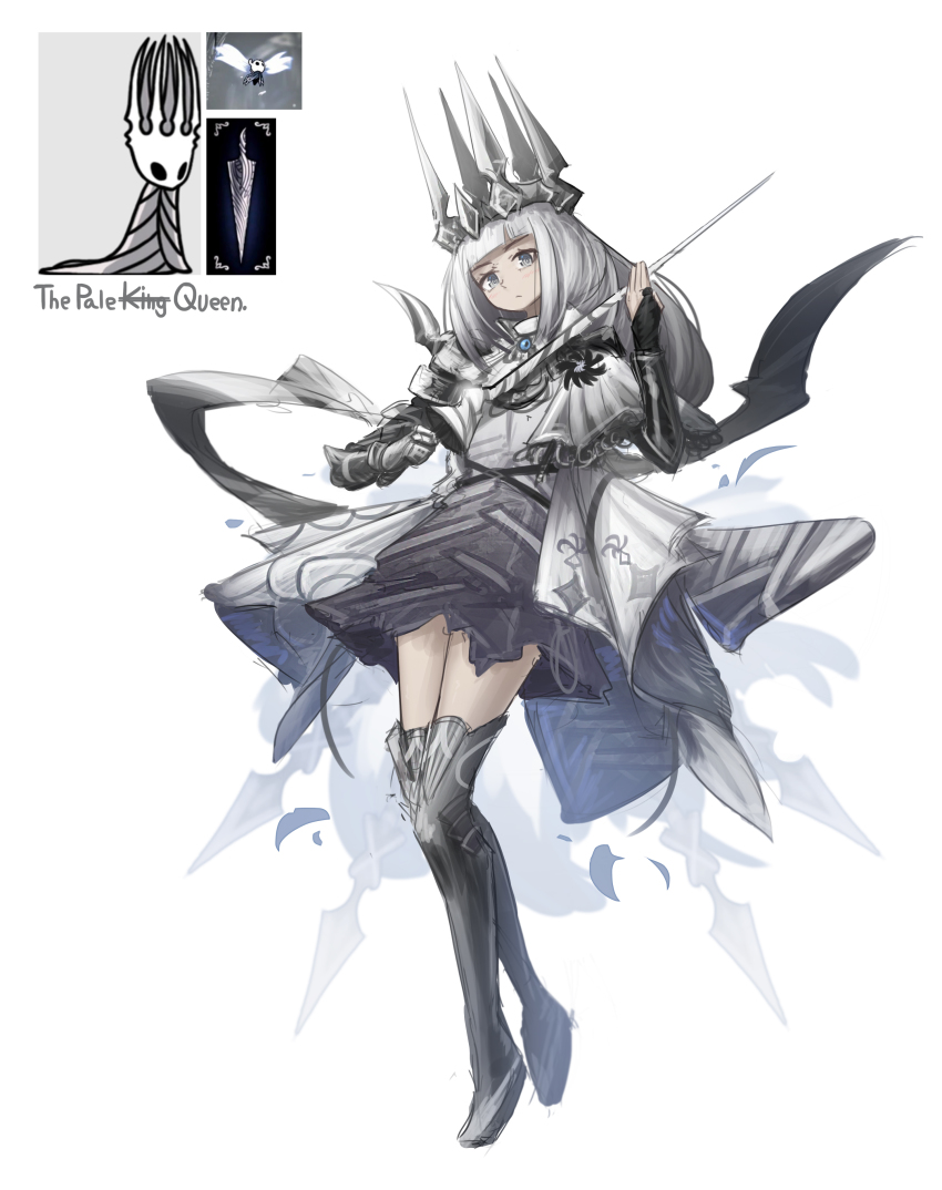 1boy, 1girl, 1other, absurdres, asymmetrical_gloves, black_boots, boots, crown, fingerless_gloves, franlol, gloves, highres, holding, holding_sword, holding_weapon, hollow_knight, knight_(hollow_knight), long_hair, looking_at_viewer, mismatched_gloves, nail_(hollow_knight), pale_king_(hollow_knight), pure_nail_(hollow_knight), simple_background, solo, standing, sword, thigh_boots, thighhighs, thighs, weapon, white_background, white_hair