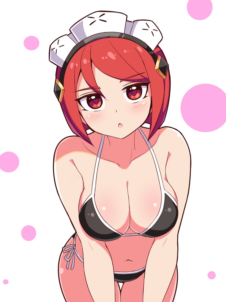 1girl, azure_striker_gunvolt, azure_striker_gunvolt_2, bikini, bob_cut, breasts, cleavage, cougar_(cougar1404), hair_ornament, looking_at_viewer, medium_breasts, navel, nowa_(gunvolt), red_eyes, red_hair, short_hair, side-tie_bikini_bottom, simple_background, solo, swimsuit