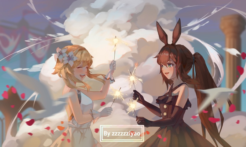 2girls, :d, absurdres, alternate_costume, amiya_(arknights), animal_ears, arknights, artist_name, black_dress, black_gloves, blonde_hair, blush, closed_eyes, cowboy_shot, criss-cross_halter, crossover, day, dress, elbow_gloves, fireworks, flower, from_side, genshin_impact, gloves, green_eyes, hair_flower, hair_ornament, halter_dress, halterneck, highres, holding, long_hair, lumine_(genshin_impact), multiple_girls, open_mouth, outdoors, petals, pillar, ponytail, rabbit_ears, short_hair_with_long_locks, sidelocks, sleeveless, sleeveless_dress, smile, smoke, sparkler, very_long_hair, white_dress, white_flower, white_gloves, zzzzzziyao