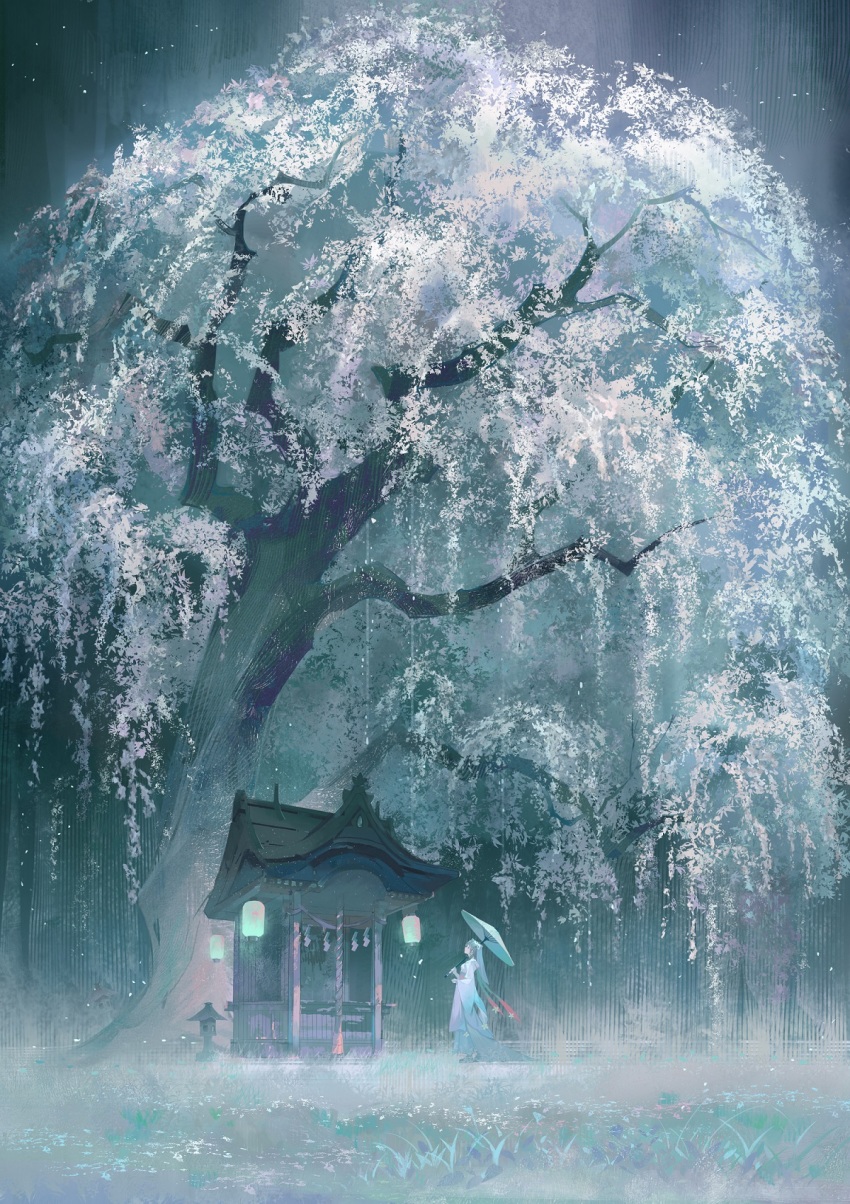 1girl, architecture, cherry_blossoms, east_asian_architecture, from_side, geta, grass, hanging_lantern