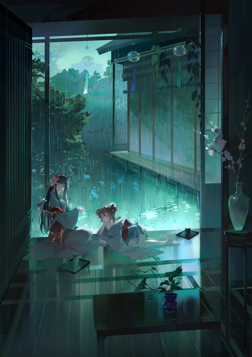 2girls, architecture, bare_shoulders, barefoot, black_hair, blue_kimono, blunt_bangs, branch, breasts, brown_hair, double_bun, east_asian_architecture, elbow_rest, flower, hair_bun, hair_flower, hair_ornament, hand_on_floor, hand_on_own_cheek, hand_on_own_face, head_rest, highres, indoors, japanese_clothes, kimono, large_breasts, long_hair, long_sleeves, looking_at_viewer, looking_to_the_side, lying, momo_(onmyoji), multiple_girls, nayannayan, obi, off_shoulder, on_floor, on_side, onmyoji, pink_flower, plant, police, porch, rain, sakura_(onmyoji), sash, seiza, shawl, shouji, sidelocks, sitting, sliding_doors, smile, straight_hair, table, tray, vase, veranda, vines, wide_sleeves, wind_chime, wooden_floor, wooden_table
