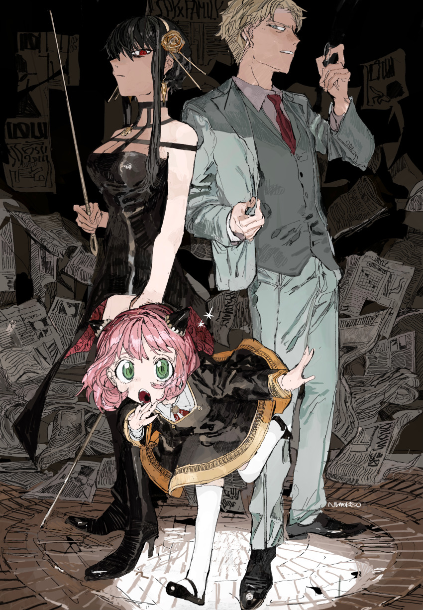 1boy, 2girls, :o, absurdres, anya_(spy_x_family), artist_name, bad_id, bad_pixiv_id, bare_arms, bare_shoulders, black_dress, black_footwear, black_hair, black_socks, black_thighhighs, blonde_hair, boots, child, closed_mouth, dagger, dress, earrings, eden_academy_school_uniform, flower, formal_clothes, glaring, gold_earrings, gold_hairband, gold_trim, gomibaketsu3, green_eyes, grey_eyes, hair_bun, hair_flower, hair_ornament, hairband, high_heel_boots, high_heels, highres, holding, holding_dagger, holding_knife, holding_weapon, horn_ornament, horns, jacket, jewelry, kneehighs, knife, leg_up, long_sleeves, looking_at_viewer, mary_janes, multiple_girls, neck_ribbon, necktie, newspaper, open_mouth, outstretched_arm, outstretched_hand, pink_hair, red_eyes, red_necktie, red_ribbon, ribbon, rose, school_uniform, shoes, short_hair, short_hair_with_long_locks, sidelocks, single_hair_bun, sleeveless, sleeveless_dress, socks, spy_x_family, standing, standing_on_one_leg, suit, suit_jacket, thigh_boots, thighhighs, twilight_(spy_x_family), vest, weapon, white_legwear, yor_briar