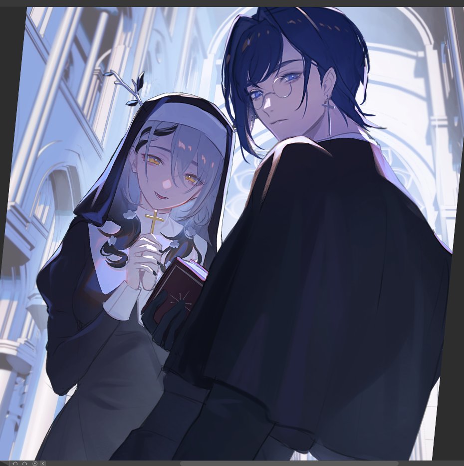 1boy, 1girl, black_dress, black_hair, black_jacket, blue_hair, braid, braided_bangs