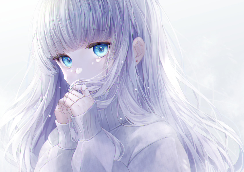 1girl, absurdres, blue_eyes, blunt_bangs, covered_mouth, covering_own_mouth, crying, doll_joints, earrings, eyelashes, grey_hair, grey_sweater, hair_over_mouth, hand_over_own_mouth, highres, holding, holding_own_hair, jewelry, joints, long_sleeves, looking_at_viewer, moririto, original, portrait, simple_background, sleeves_past_wrists, solo, stud_earrings, sweater, turtleneck, turtleneck_sweater, white_background