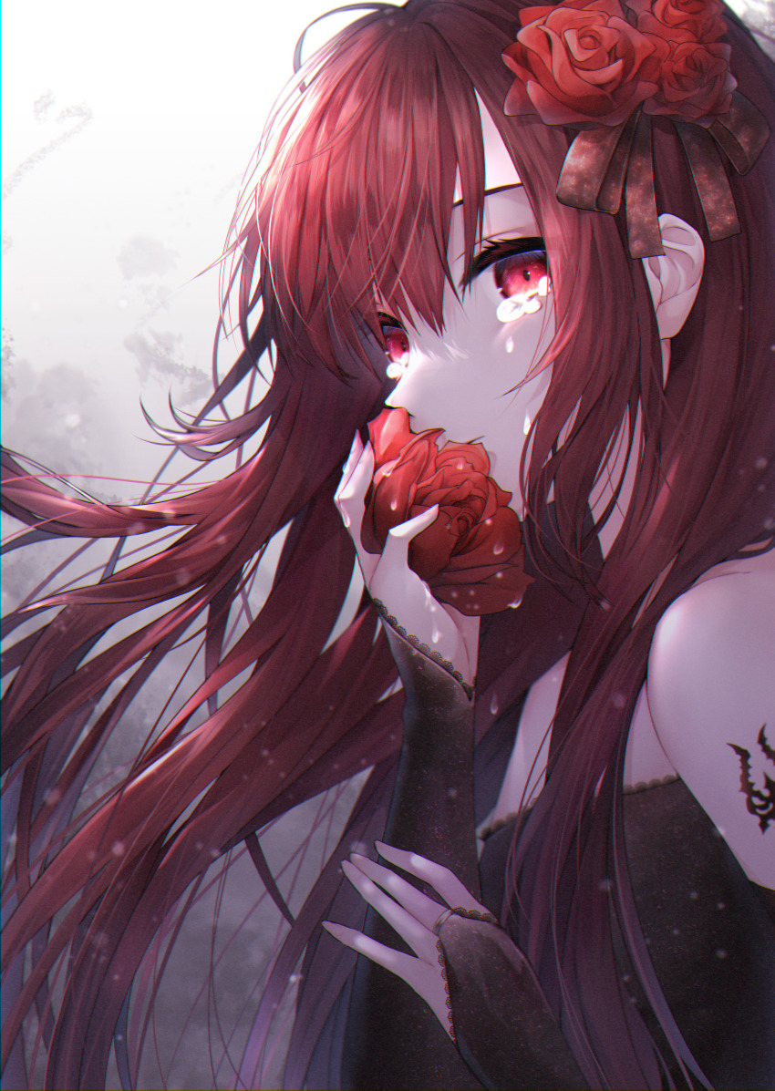 1girl, absurdres, arm_tattoo, bare_shoulders, bridal_gauntlets, closed_mouth, crying, detached_sleeves