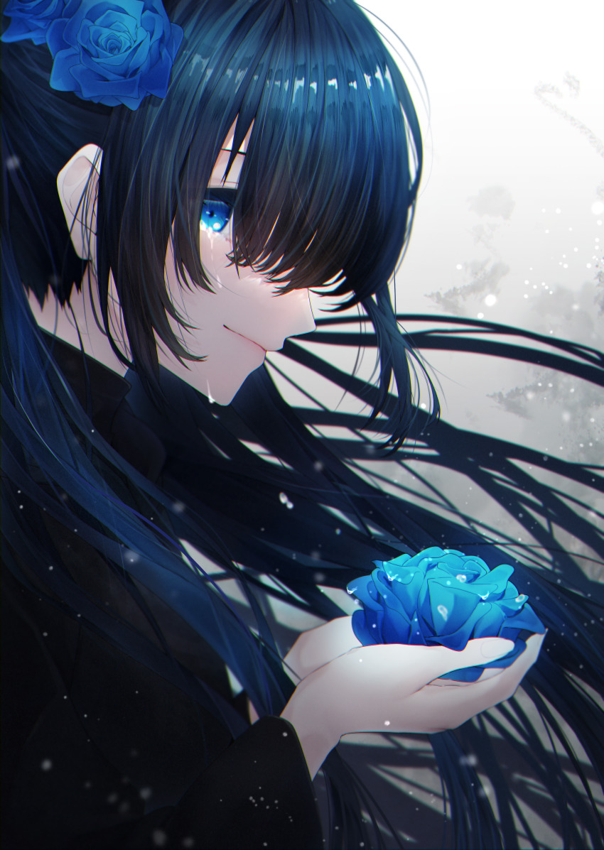 1girl, absurdres, black_hair, blue_eyes, blue_flower, blue_hair, blue_rose, blue_theme