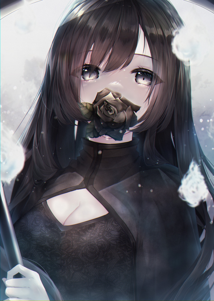 1girl, absurdres, black_eyes, black_flower, black_hair, black_rose, black_theme, breasts