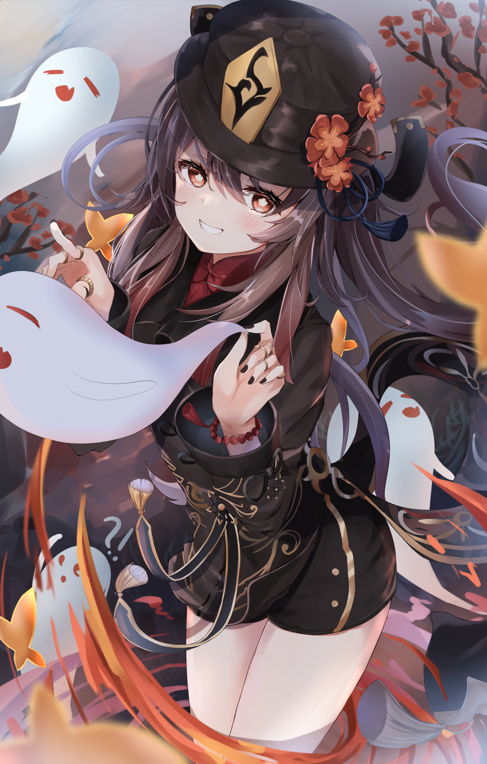 1girl, black_nails, black_ribbon, black_shorts, branch, breasts, brown_hair, chinese_clothes