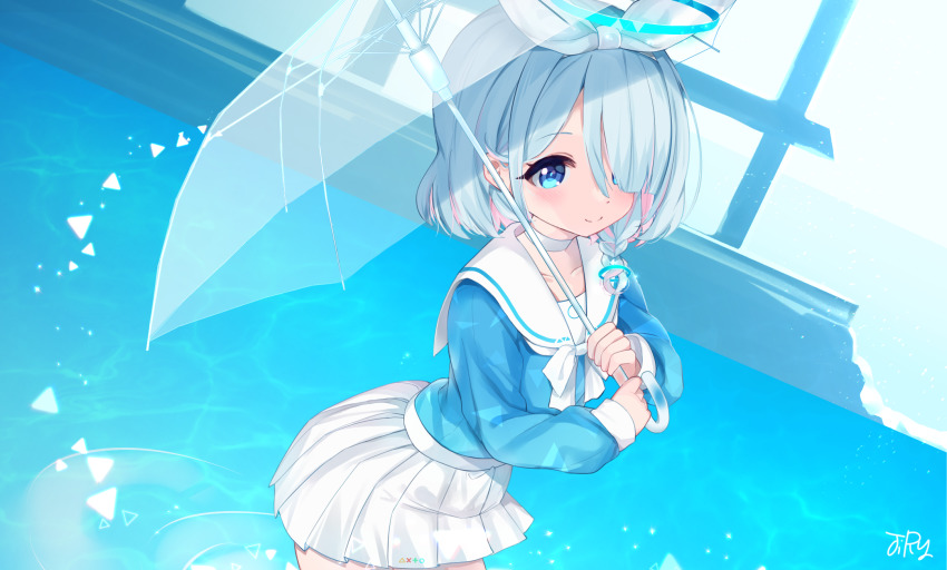 1girl, aqua_eyes, aqua_hair, arona_(blue_archive), blue_archive, blue_shirt, bow, braid