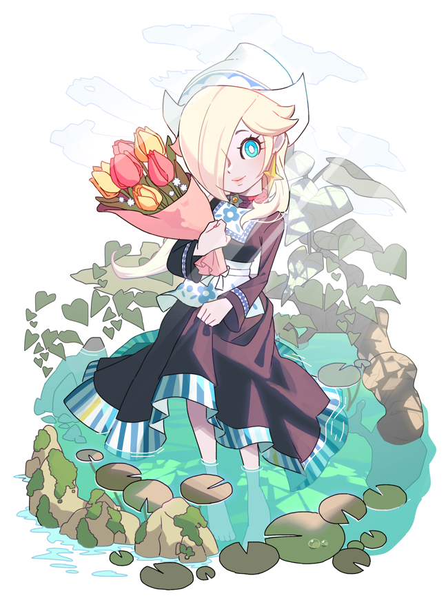 1girl, barefoot, blonde_hair, blue_eyes, bouquet, dress, dutch_clothes, earrings, flower, hair_over_one_eye, hat, holding, holding_bouquet, hoshikuzu_pan, jewelry, leaf, lily_pad, mario_(series), mario_kart, mario_kart_tour, moss, nintendo, plant, pond, rosalina, rosalina_(volendam), solo, star_(symbol), star_earrings, traditional_clothes, tulip, wading, water