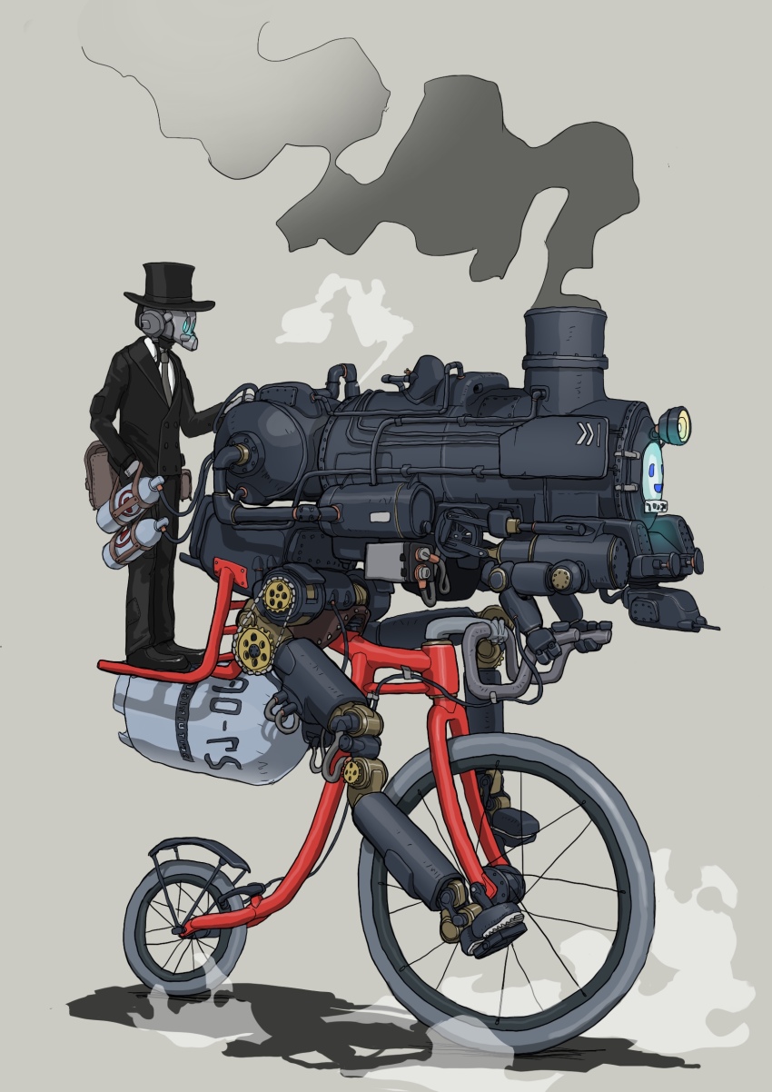 1other, absurdres, bicycle, black_footwear, black_headwear, black_jacket, black_pants, black_suit, clothed_robot, formal_clothes, fusion, gatling_santouhei, grey_background, grey_necktie, hat, highres, jacket, locomotive, necktie, original, pants, penny-farthing, robot, shoes, simple_background, smoke, steampunk, suit, top_hat, vehicle_focus
