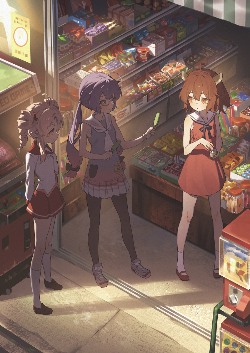 3girls, ahoge, arcade_cabinet, arms_behind_back, black_legwear, black_ribbon, blue_eyes, brown_eyes, brown_hair, candy, collar, collared_dress, dress, drill_hair, food, from_above, gacha_(game_mechanic), gachapon_(object), gashapon, headgear, highres, holding, holding_food, holding_toy, long_hair, long_sleeves, low_twintails, miniskirt, multiple_girls, neck_ribbon, neckerchief, otomachi_una, otomachi_una_(talkex), pantyhose, platinum_blonde_hair, pleated_skirt, pointy_ears, purple_dress, purple_hair, red-framed_eyewear, red_collar, red_dress, red_skirt, ribbon, sailor_collar, school_uniform, semi-rimless_eyewear, shirt, shoes, shop, short_hair, skirt, sleeveless, sleeveless_dress, slice_of_life, sneakers, talkex, touhoku_kiritan, toy, tsuina-chan, twin_drills, twintails, vending_machine, vocaloid, voiceroid, white_collar, white_neckerchief, white_shirt, yamamomo_(plank), yellow_eyes