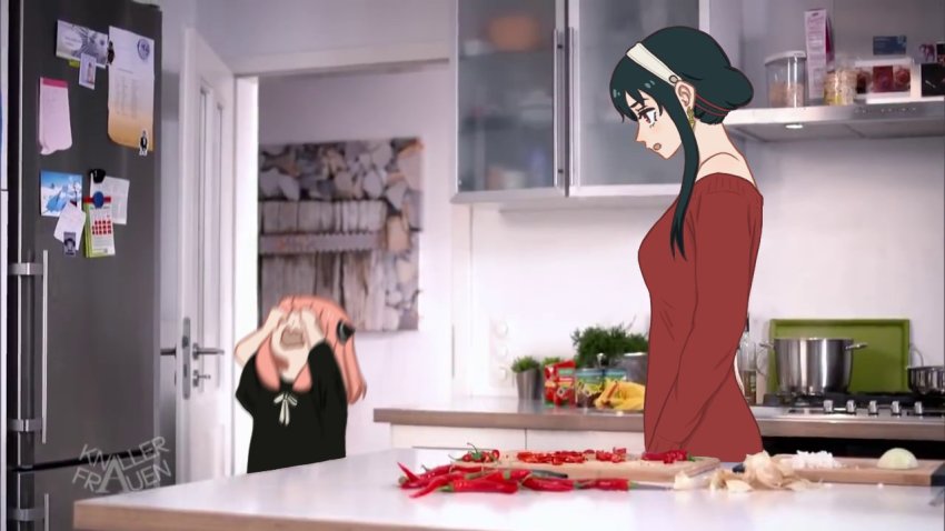 2girls, anya_(spy_x_family), black_hair, black_shirt, child, chili_pepper, crying, cutting_board, hair_ornament, indoors, kitchen, knallerfrauen, medium_hair, meme, mom_pepper_sprays_daughter_(meme), mugimugu, multiple_girls, parody, photo-referenced, photo_background, pink_hair, red_shirt, shirt, spy_x_family, yor_briar