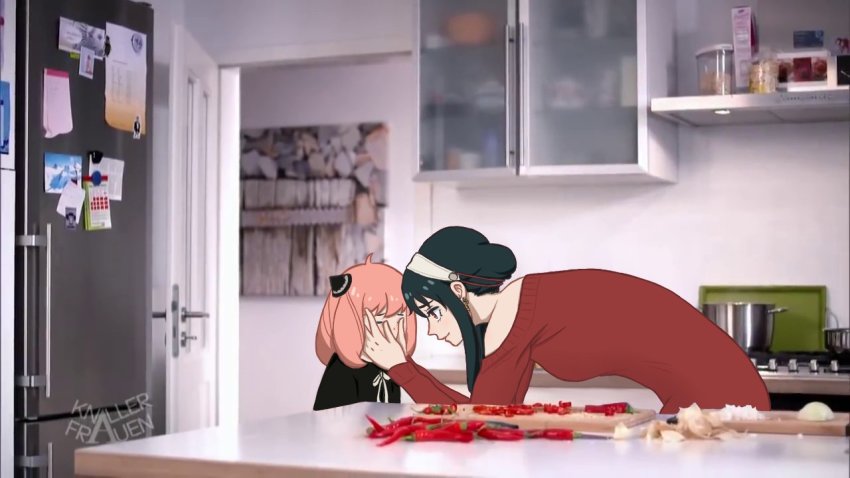 2girls, anya_(spy_x_family), black_hair, black_shirt, child, chili_pepper, comforting, cutting_board, hair_ornament, hand_on_another's_face, indoors, kitchen, knallerfrauen, medium_hair, meme, mom_pepper_sprays_daughter_(meme), mugimugu, multiple_girls, parody, photo-referenced, photo_background, pink_hair, red_shirt, shirt, spy_x_family, yor_briar