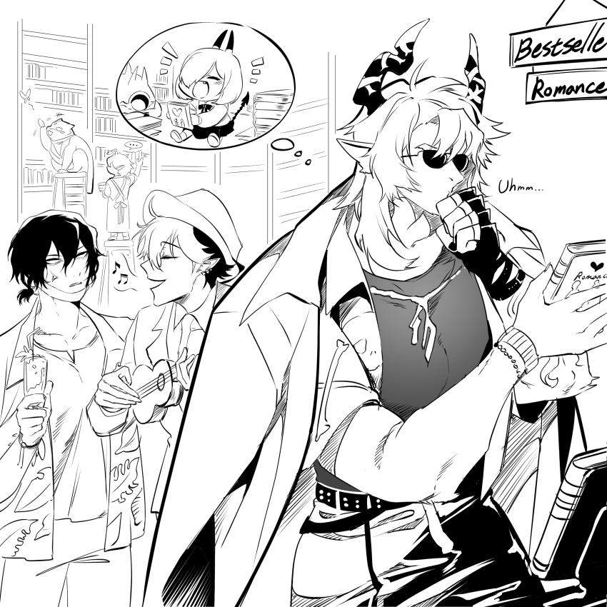 5boys, absurdres, alchemy_stars, apron, bethel_(alchemy_stars), book, bookshelf, cat, coat, coat_on_shoulders, collared_shirt, cup, drinking_glass, drinking_straw, formal_clothes, hat, highres, horns, hydrad_(alchemy_stars), instrument, istvan_(alchemy_stars), kleken_(alchemy_stars), monochrome, multiple_boys, seleucid_(alchemy_stars), shirt, straw, suit, tail, top_hat, ukulele