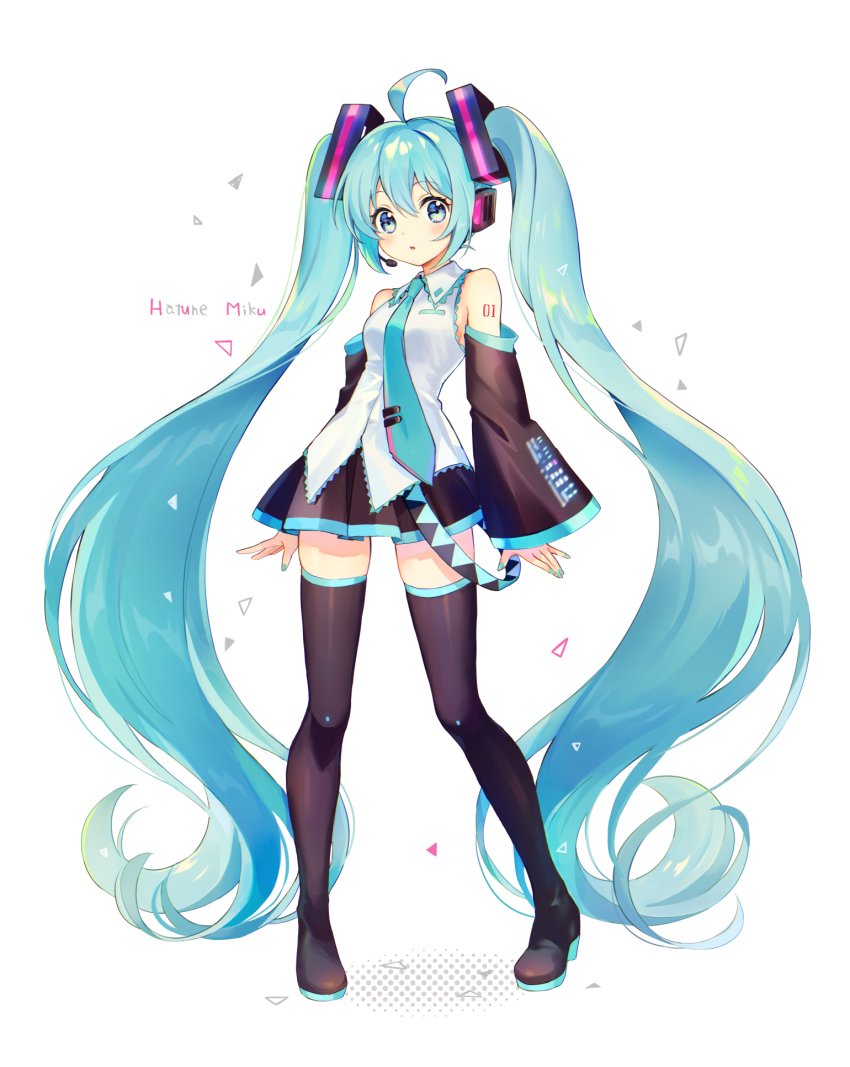 1girl, aqua_hair, aqua_nails, aqua_necktie, arms_at_sides, bare_shoulders, belt, black_boots