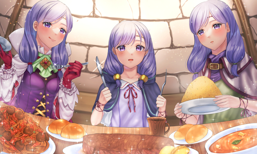 3girls, belt_pouch, blush, bread, bread_bun, cape, capelet, circlet, commission, fire_emblem, fire_emblem:_path_of_radiance, fire_emblem_heroes, food, food_focus, fork, gloves, hair_ornament, hand_on_own_chest, hand_up, highres, ilyana_(awakened_appetite)_(fire_emblem), ilyana_(fire_emblem), ilyana_(halloween)_(fire_emblem), jewelry, long_hair, looking_at_viewer, low_twintails, miniskirt, multiple_girls, nei_(aduma1120ponpon), nintendo, pasta, pouch, purple_eyes, purple_hair, short_sleeves, skeb_commission, skirt, spaghetti, spoon, standing, steak, twintails