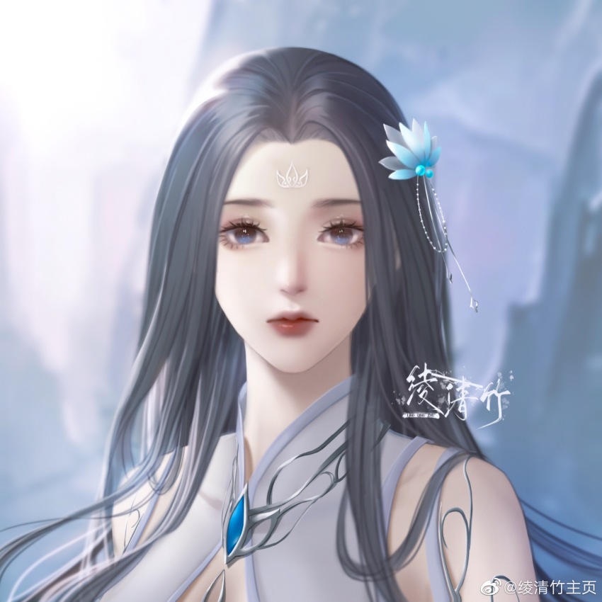 1girl, black_hair, blue_eyes, dress, expressionless, facial_mark, forehead_mark, hair_ornament