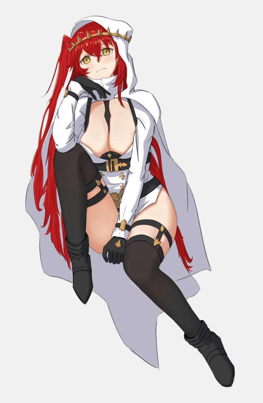 1girl, absurdres, alchemy_stars, breasts, cleavage, coat, dress, gloves