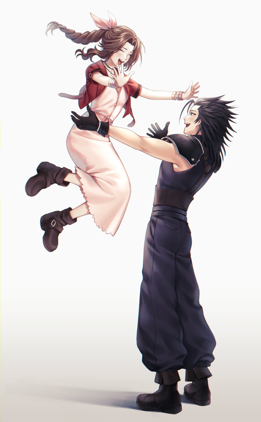 1boy, 1girl, absurdres, aerith_gainsborough, armor, black_gloves, black_hair, blush, boots, bracelet, braid, braided_ponytail, brown_hair, couple, dress, final_fantasy, final_fantasy_vii, final_fantasy_vii_remake, full_body, gloves, hair_ribbon, happy, highres, jacket, jewelry, jumping, long_hair, montaro, open_mouth, outstretched_arms, red_jacket, ribbon, shoulder_armor, single_braid, spiked_hair, spread_arms, zack_fair