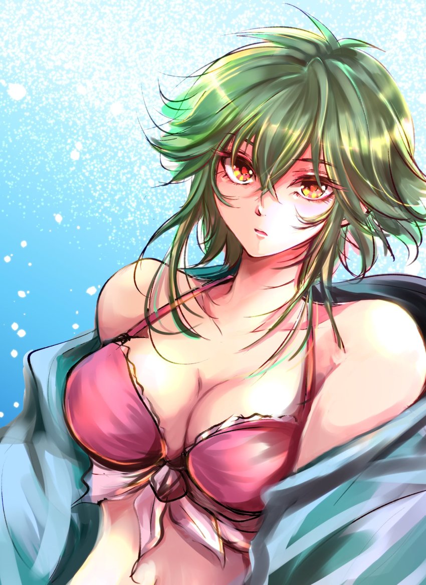 1girl, any813, asellus_(saga_frontier), breasts, cleavage, green_hair, highres, large_breasts, looking_at_viewer, medium_hair, open_mouth, saga, saga_frontier, solo, swimsuit, upper_body, yellow_eyes