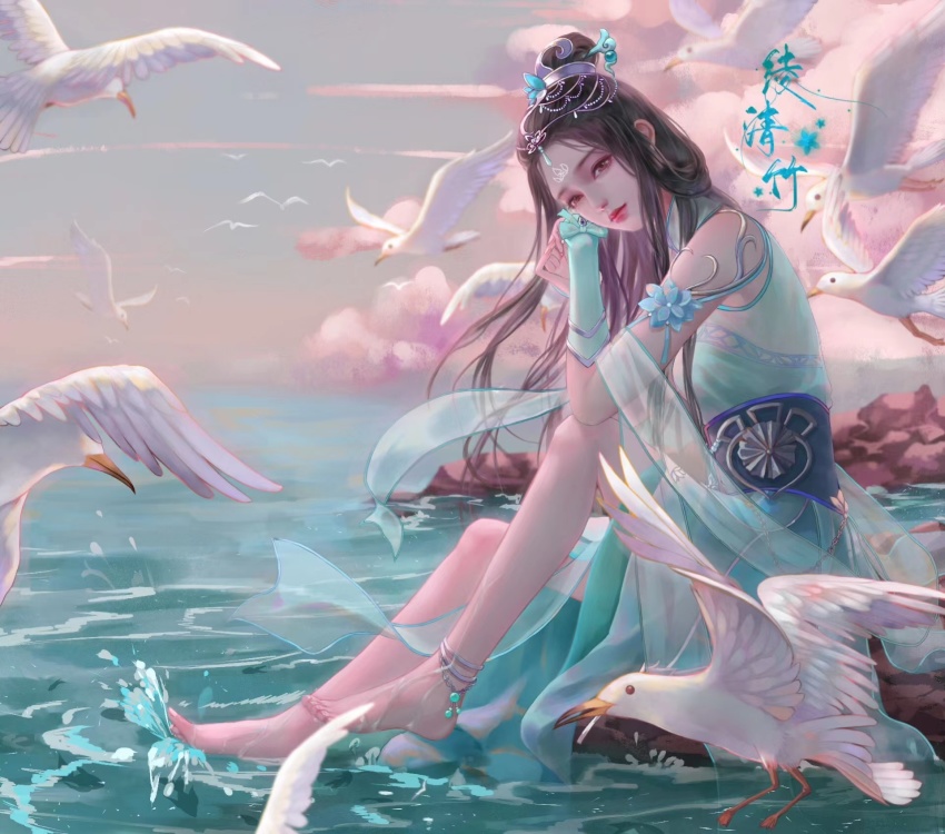 1girl, bird, black_hair, blue_dress, cloud, dress, feet, highres, ling_qingzhu_(wu_dong_qian_kun), ling_qingzhu_zhuye, long_hair, looking_at_viewer, no_shoes, rock, seagull, sitting, sky, solo, splashing, water, wu_dong_qian_kun