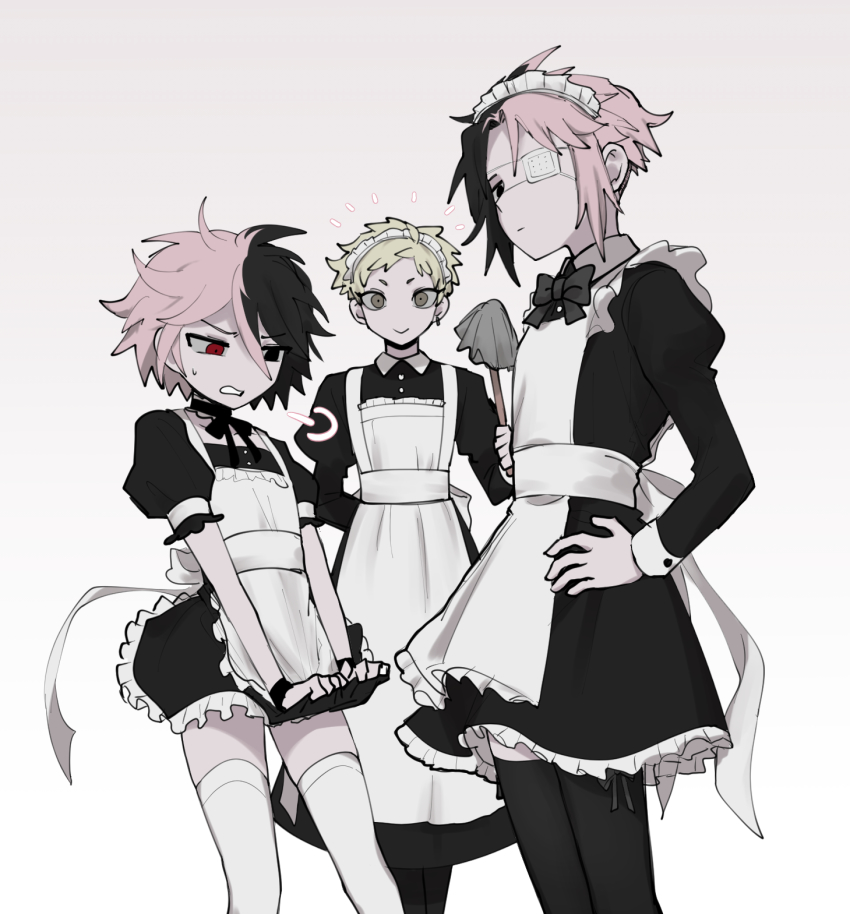 3boys, annoyed, apron, black_dress, black_eyes, black_hair, black_legwear, black_ribbon, blood, choker, closed_mouth, collared_shirt, crossdressing, crossdressing_(mtf), dress, expressionless, eyepatch, frilled_apron, frilled_dress, frills, gradient_background, green_eyes, haruno_shion, heterochromia, highres, juliet_sleeves, long_sleeves, maid, maid_apron, maid_headdress, male_maid, medical_eyepatch, multicolored_hair, multiple_boys, mutsushika_misumi, nanami_izu, neck_ribbon, nu_(qjqmfqjqmf02), pink_hair, puffy_short_sleeves, puffy_sleeves, red_eyes, ribbon, saibou_shinkyoku, shirt, short_hair, short_sleeves, simple_background, smile, socks, split-color_hair, sweat, two-tone_hair, white_apron, white_legwear, white_ribbon