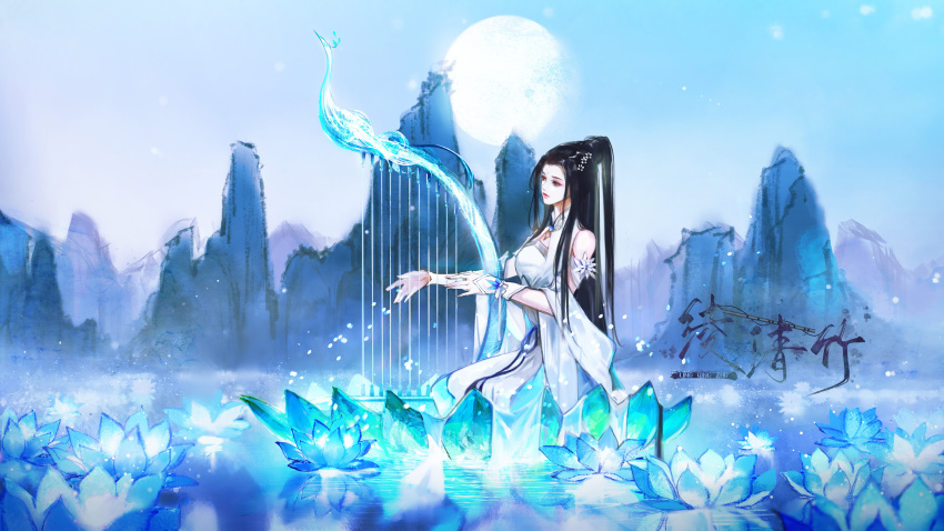 1girl, absurdres, black_hair, dress, flower, harp, highres, instrument